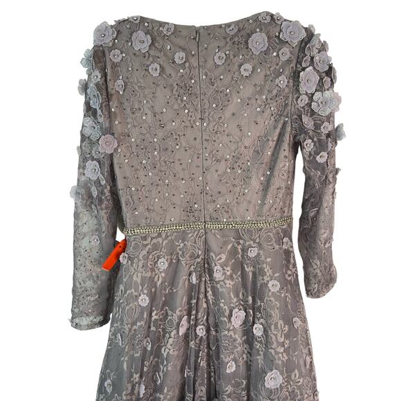 Mac Duggal Long Sleeve Floral Applique Embellished Lace Dress Sterling Size 8 - Picture 8 of 16